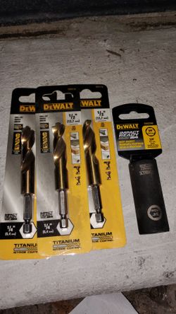 3-DeWalt 1/2"_1/4" Titanium Nitride Coated Drill bits and, 1-3/4"_3/8" impact ready deep socket