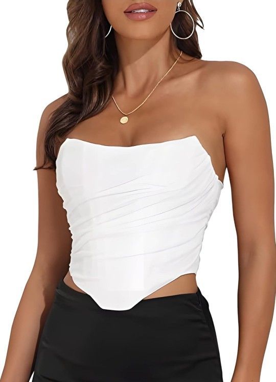 🆕️🏷 Vintage Strapless Open Back Boned Mesh Bustier Corset crop top White L