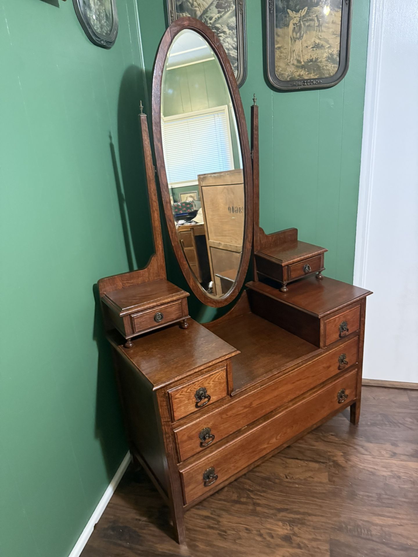1920’s Solid Oak Vanity With Oval Mirror