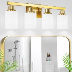 4-Light Gold Vanity Light Modern Bathroom Fixture Over Mirror Milky White Shade Wall Mount 