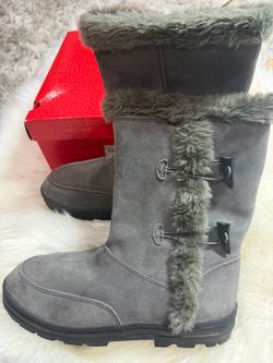 Sonoma Women’s Winter Boots Size 9 Gray Leather Faux Fur Toggle Mid Calf Comfort