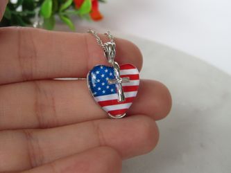 American Flag Cross Heart Pendant Necklaces Patriotic Jewelry Religious