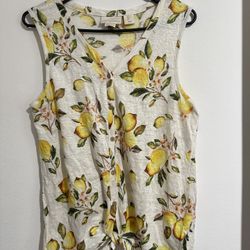 Cynthia Rowley lemon-print 100% linen top Women Sz L  length 24”  Armpit to armpit 20*2”