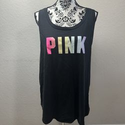 Victoria's Secret Pink Slit Back Muscle Tank Top Size XXL Black Rainbow Logo