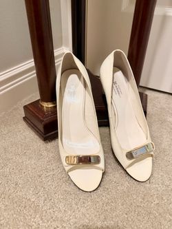 Cream Leather Peep-Toe Heels with Gold Hardware