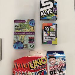 Uno card games, monopoly card game, 5 alive card game. Go fish monuments and landmarks card game, 100 pics countries card game, Great compact card gam
