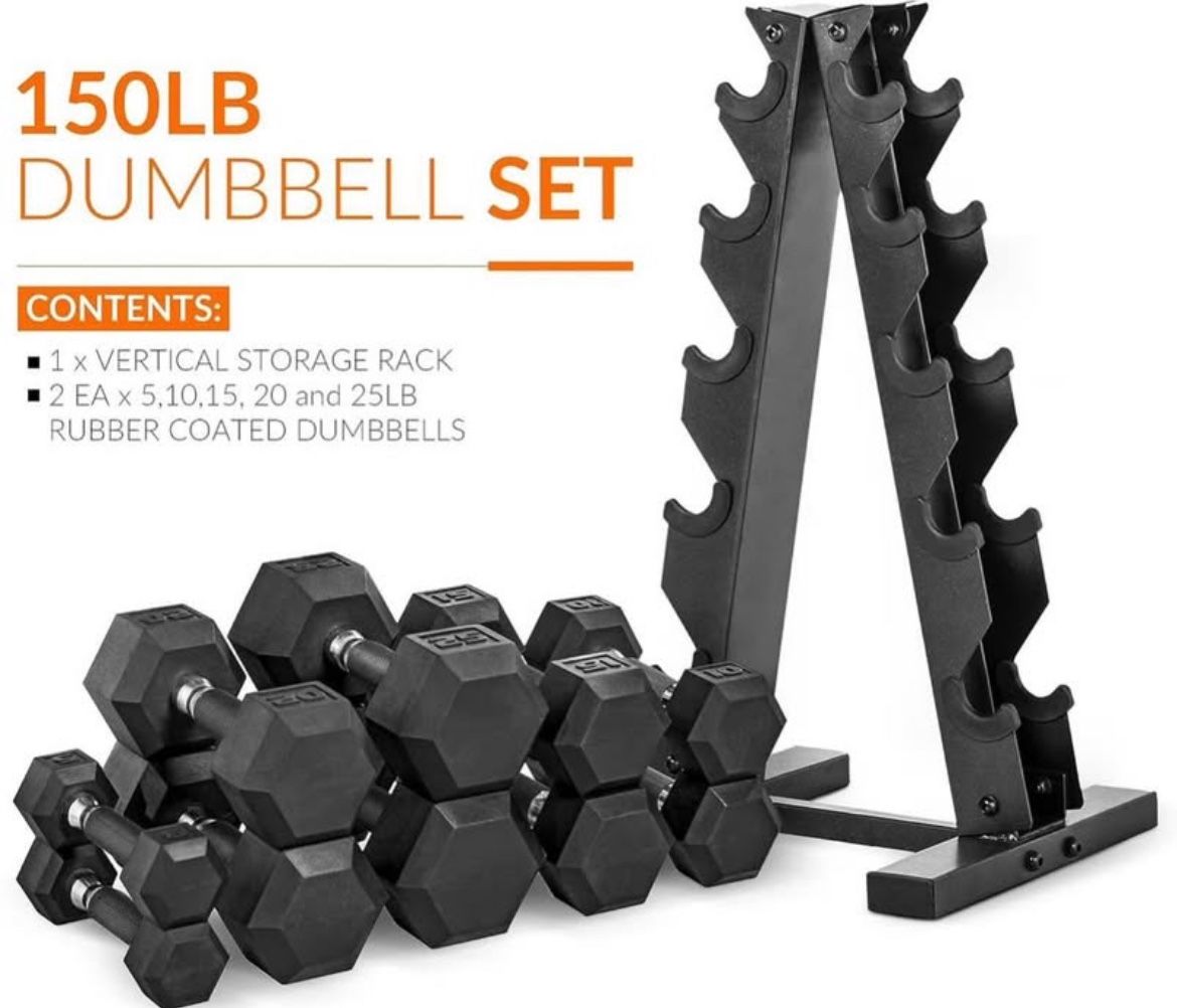 Set 150 lbs Dumbells Rubber With Rack 5 Tier ALL BRAND NEW IN BOX 2 Each 5/10/15/20/25 w RACK 230$