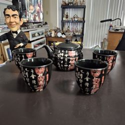 Chinese Style Black Porcelain 5PC Set W/4 Cups & Teapot W/Strainer & Wooden Handle Holds 16OZ Dishwasher & Microwave Safe 