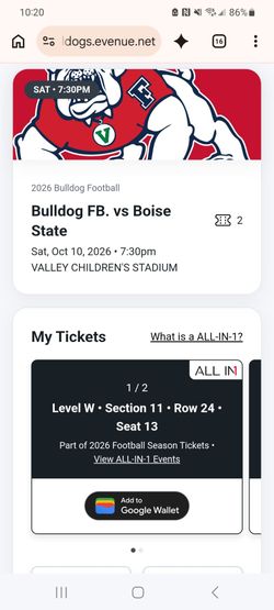 2-Fresno State vs. Boise State 50 yard line Football Tickets for Sale