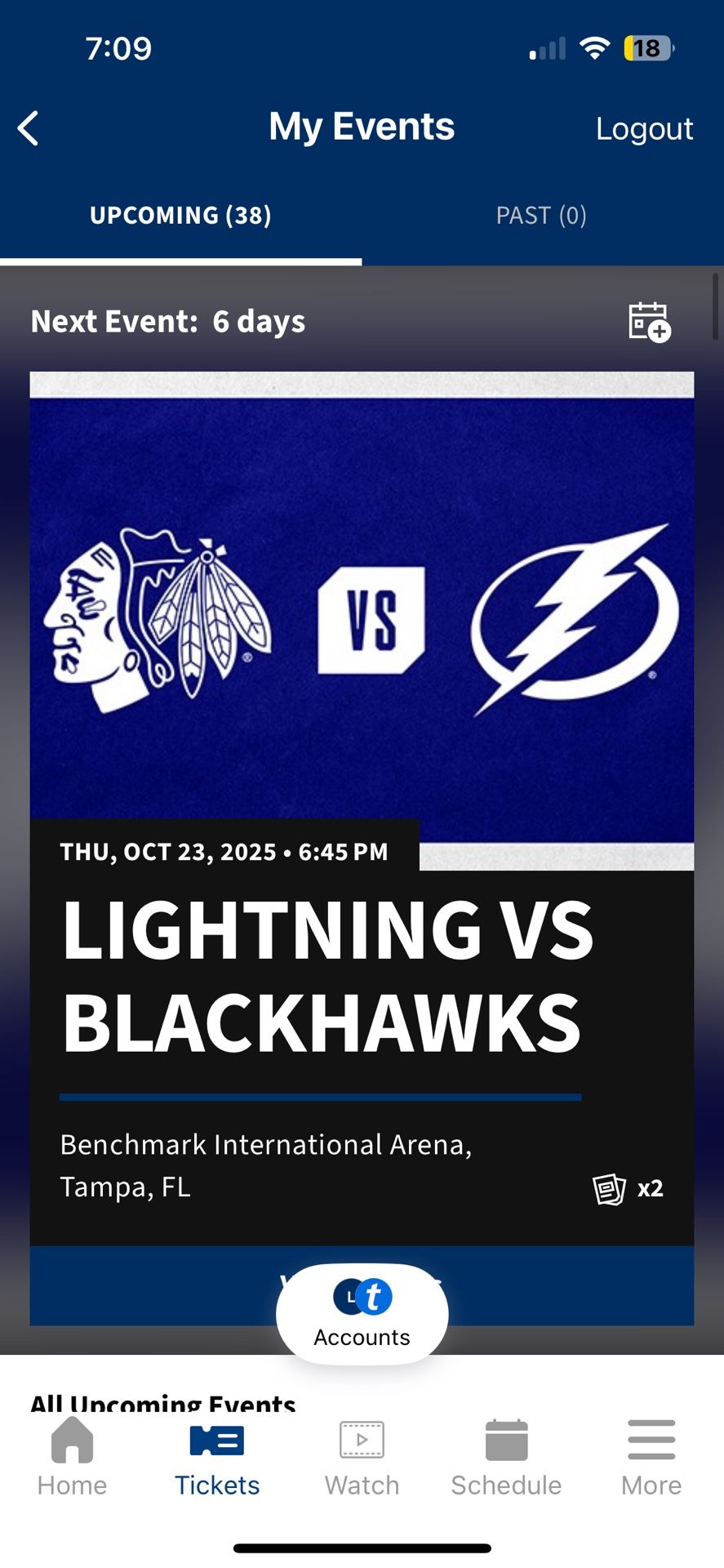 LIGHTNING VS BLACKHAWKS TICKETS 10/23