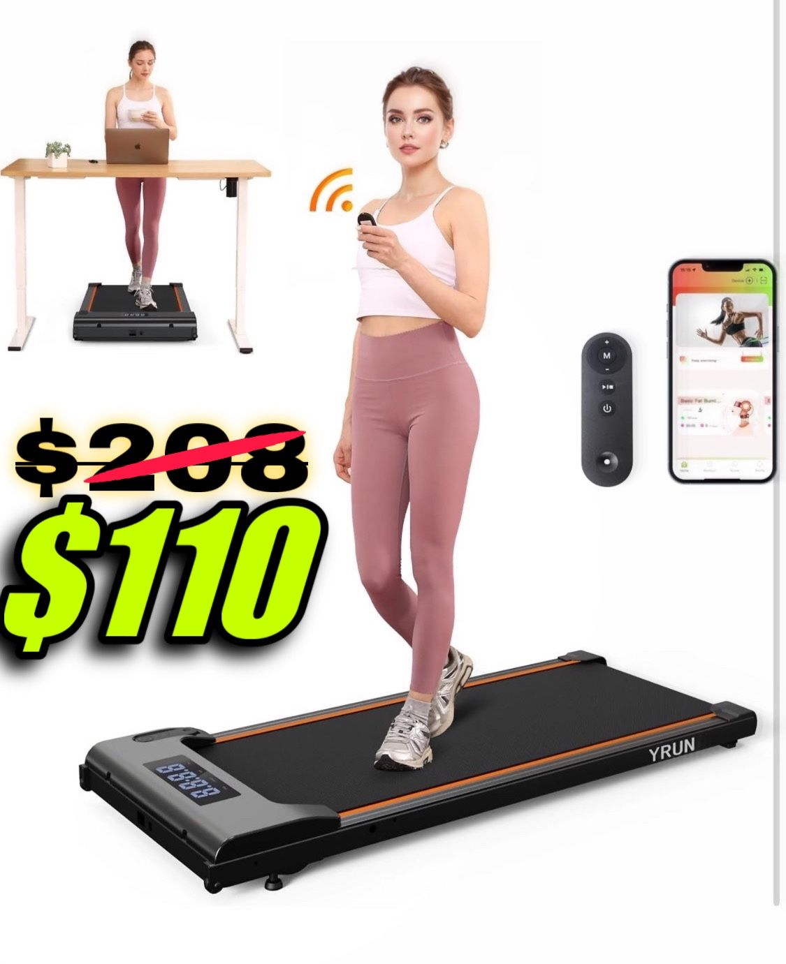 Portable Under-Desk Treadmill - 2.5HP Super Quiet Walking Pad for Home and Office with Remote & App Control
