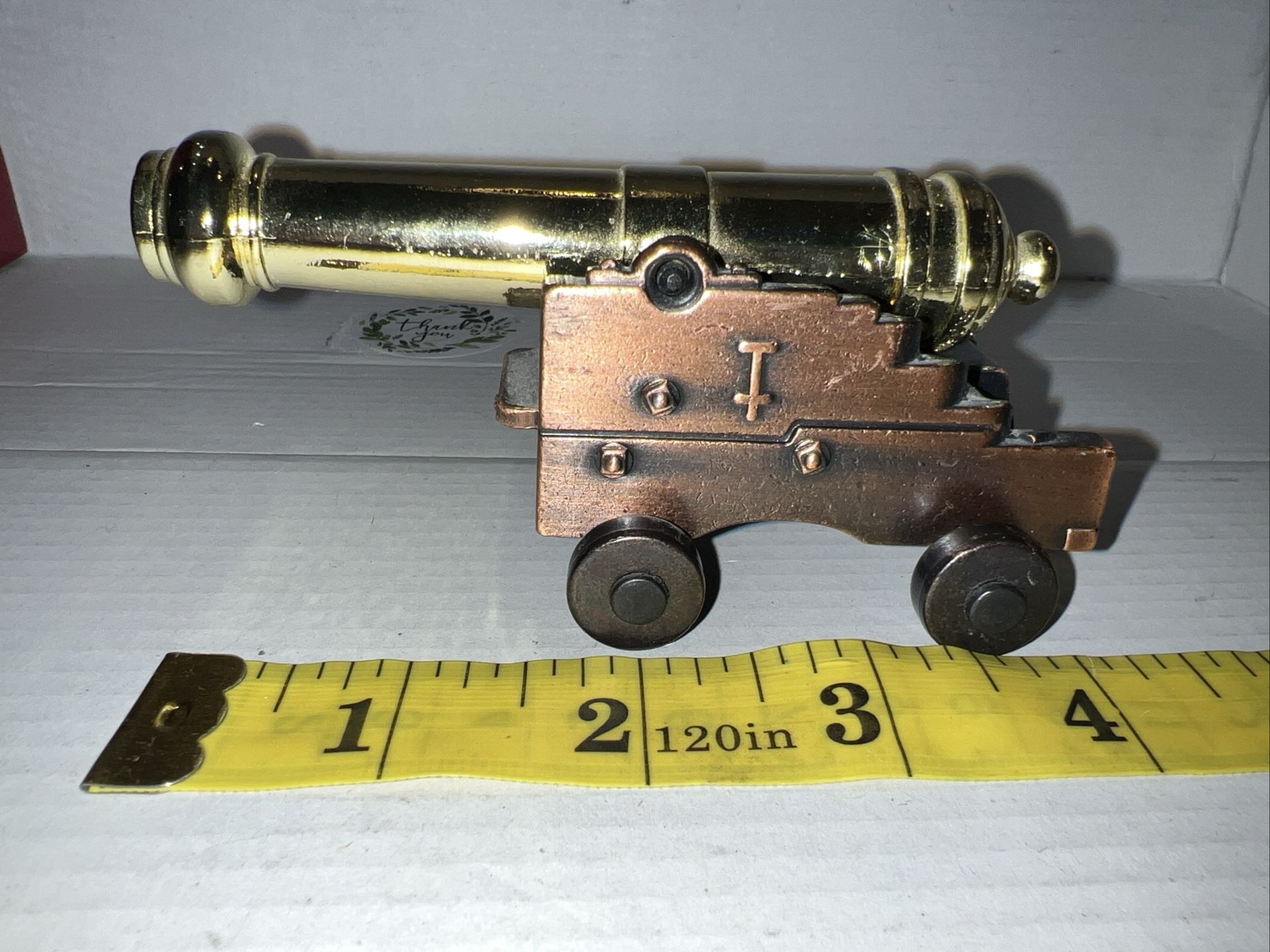 Naval Cannon All Metal With Polished Brass Colored Barrel Miniature 4.5" Long