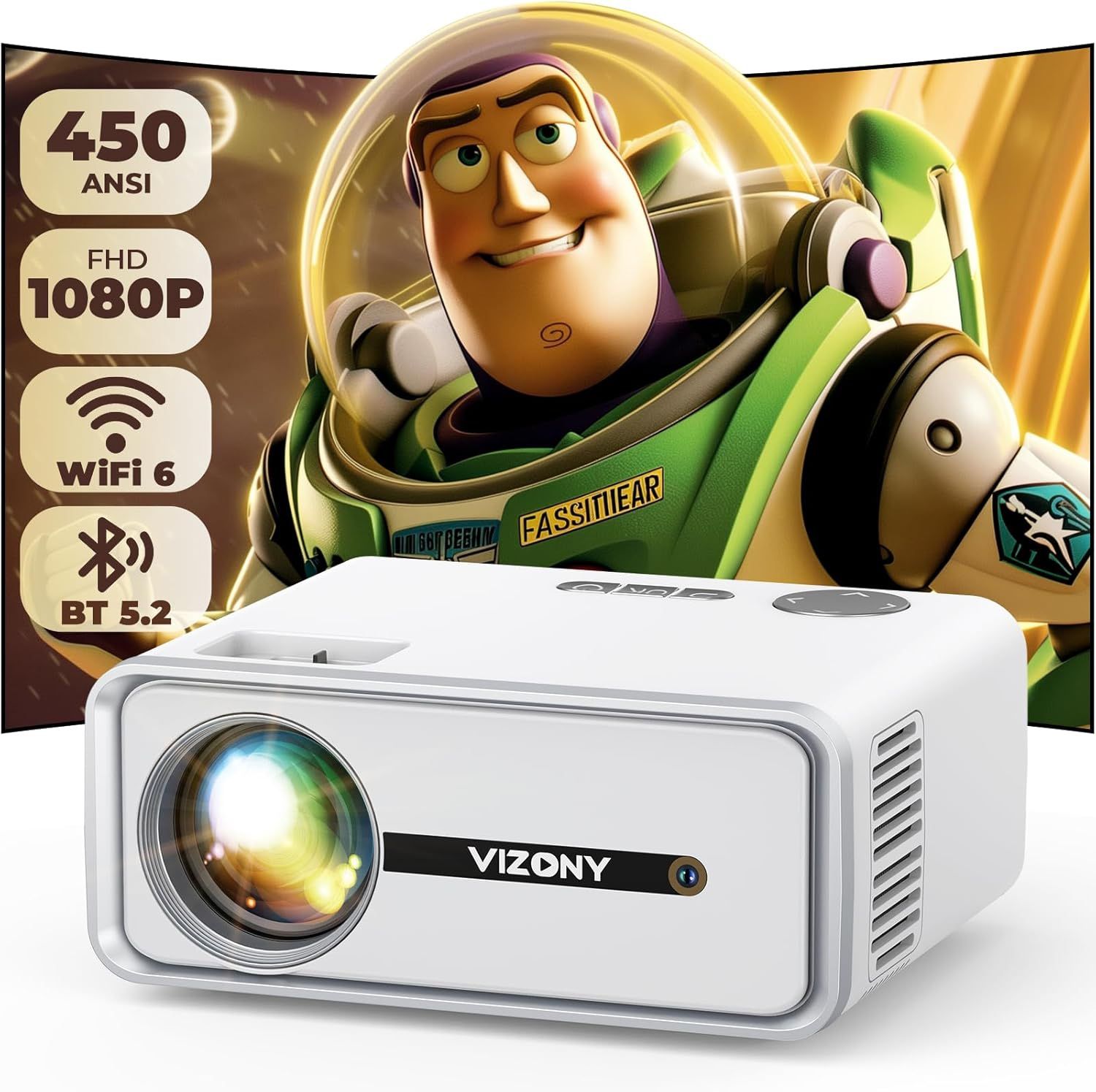 Mini Projector with WiFi and Bluetooth, 450ANSI 1080P FHD Home Movie Projector, Portable Outdoor Projector with 250" Display+Zoom, Compatible w/Phone/