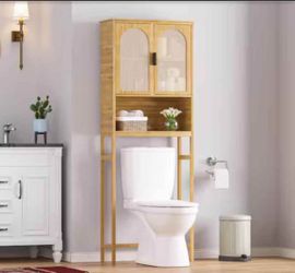 VEIKOUS Yellow Bamboo Over-The-Toilet Storage Cabinet 24.4 in. W x 66.9 in. H x 9.5 in. D with 3-She