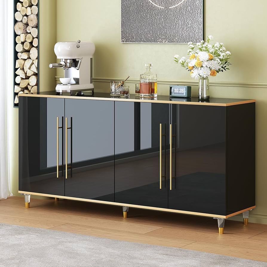 63" Sideboard Buffet Cabinet with Storage, Console Cabinets with Adjustable Shelves & Doors, High Glossy Black and Gold Sideboards for Living Room Kit