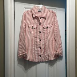 Women’s CHICO’S 100% Linen, Red & White Vertical PinStriped Long Sleeve Button-Down Shirt Top… Size 0=Small