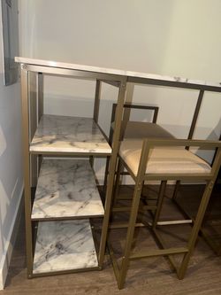 Modern Marble-Top Gold Bar Table + 2 Upholstered Counter Stools