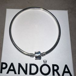 Pandora Sterling Silver Bangle Bracelet w/ Blue CZ Clasp