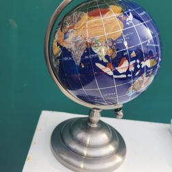 Used Gemstone Globe with Lapis Ocean on Antique Silver Stand h7g 150s 9x5x5  1.10lb