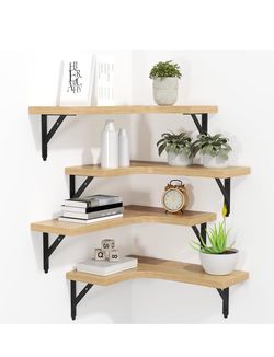 New ROMGUAR CRAFT Corner Floating Shelves Wall Mounted Set of 4, Rustic Wood Storage Display Shelves for Home Decor, Bathroom, Kitchen, Bedroom, Livin