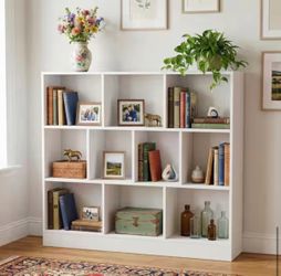 40.9 in. H x 47.2 W White Wood 10-Shelf Freestanding Standard Bookcase Display Bookshelf With Cubes