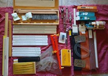 🔥 Large Vintage Drafting & Engineering Tool Lot – Unitech Micronorm, Templates, Scales & Compasses