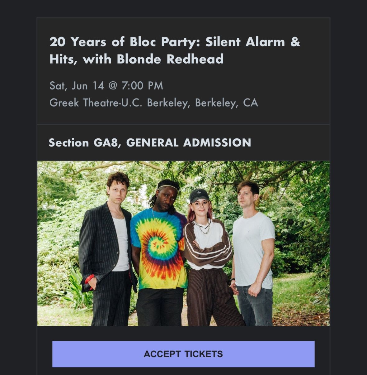 Bloc Party Ticket Berkeley Greek Theater