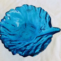 Blenko Glass 6 1/2" CABBAGE LEAF BOWL  turquoise blue #838s