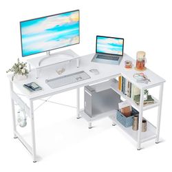   47 Inch Compact L Shaped Desk for Apartment, Living Room, Bedroom, or Office with Storage Shelves, Headphone Hook, and Monitor Stand, White 