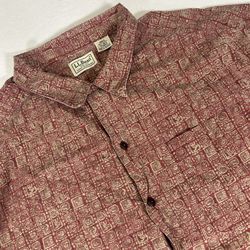 LL Bean Mens XL Red Beige Aztec Mayan Hawaiian Short Sleeve Button Up Shirt