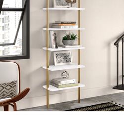 Modern 5-Tier Wall-Mounted Bookshelf – White Shelves with Gold Frame
