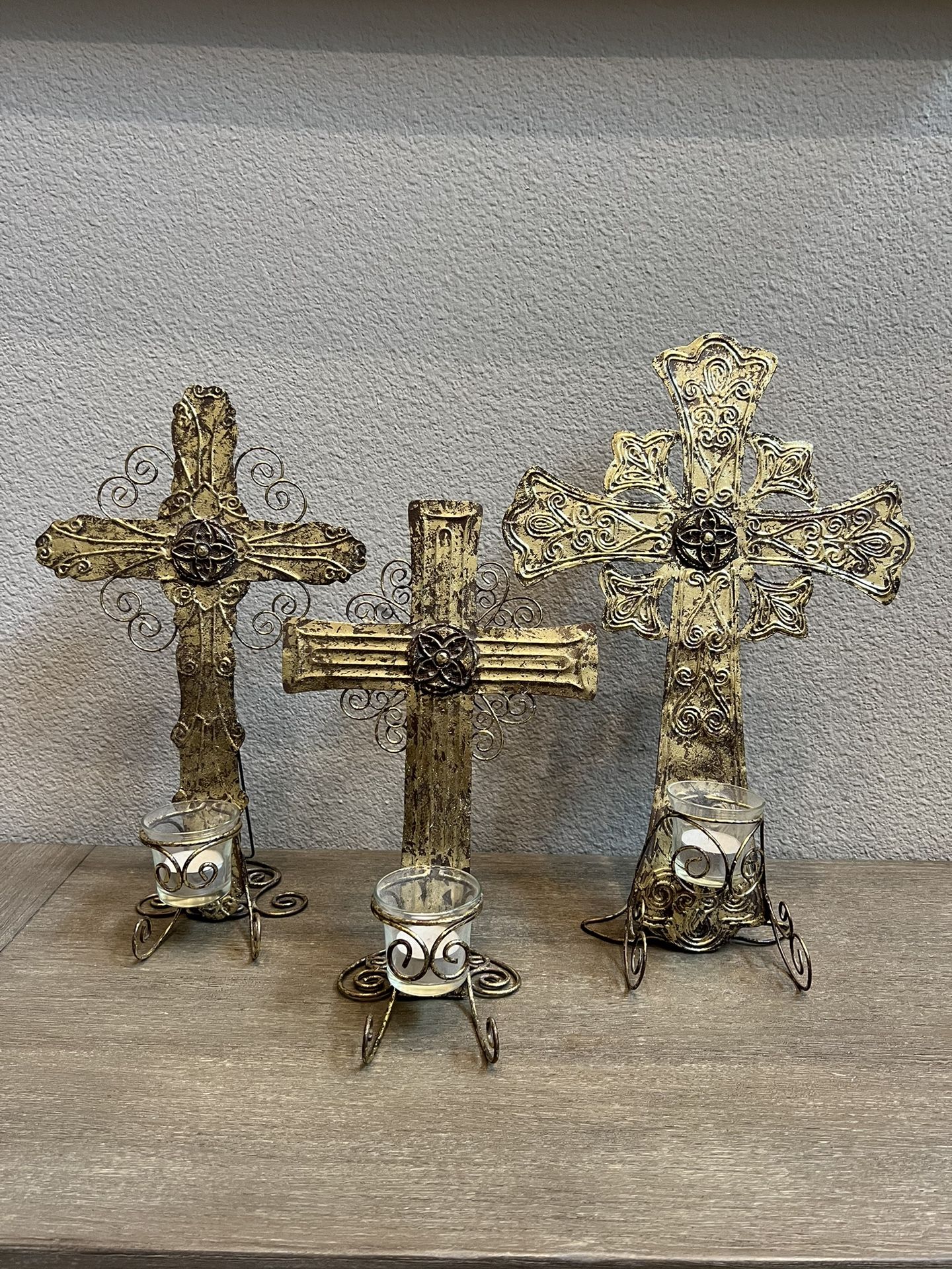 3 Gold Crosses With Votives