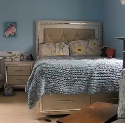Gray Queen Storage Bed Frame with Headboard and Drawer Storage, and nightstand