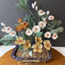 Chinese Antique Cloisonné With Jade Bonsai Tree 