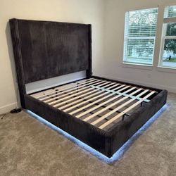NEW 7Ft Tall Dark Grey Platform King size Bed Frame with LED lights and USB Port