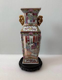 Handmade 16” Vintage Style Chinese Rose Mandarin Vase With Wood Stand
