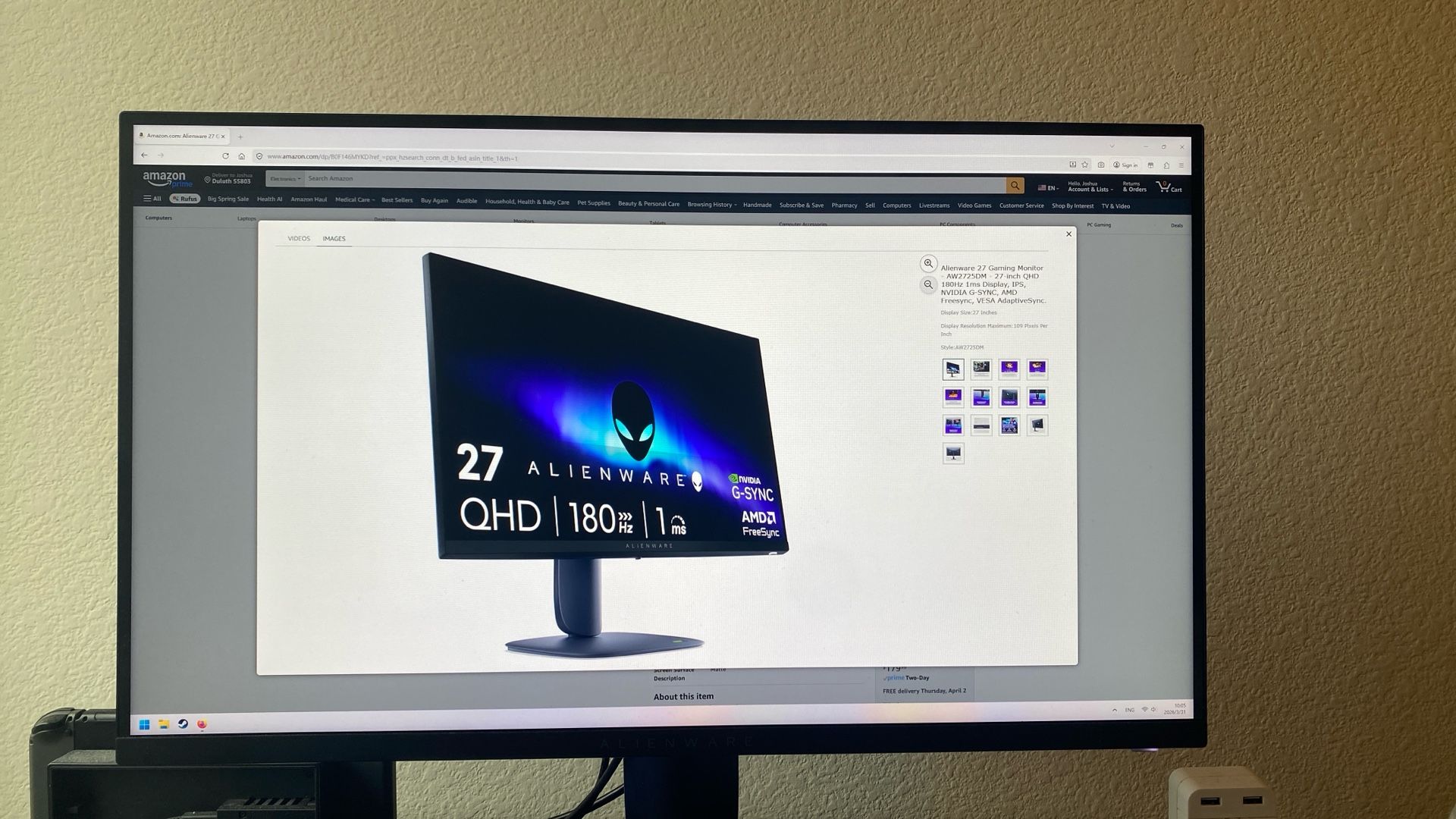 Alienware 27” Gaming Monitor (QHD 180Hz) AW2725DM