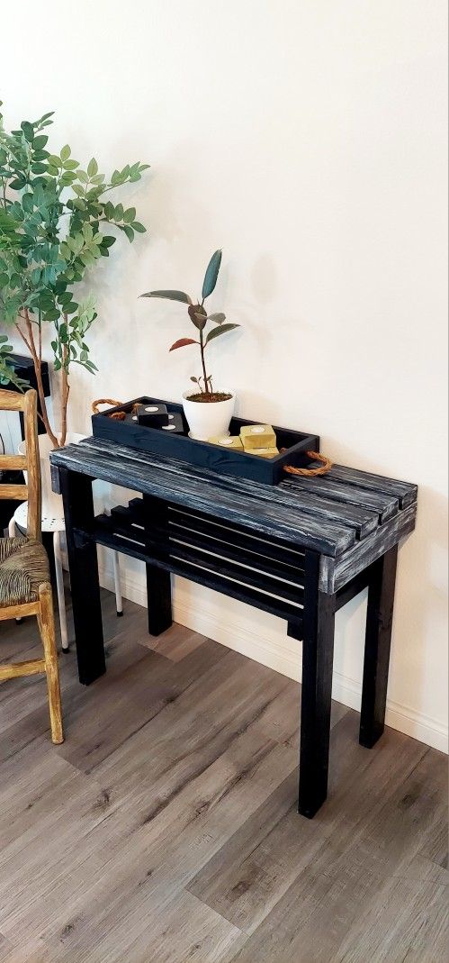 30"H X 36"W X 16"D (4 Planks) 🌱 Solid Wood Console Table with Shelf ::: Distressed Black/Silver Drop