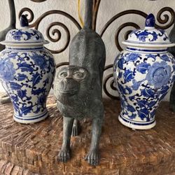 2 BLUE & WHITE 15” TALL GINGER JARS. ANTIQUE LOOK. Asian Chinese Chinoiserie Flower Butterfly Motif.  Pair $125.  