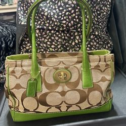 Coach Signature Canvas Satchel With Green Leather 