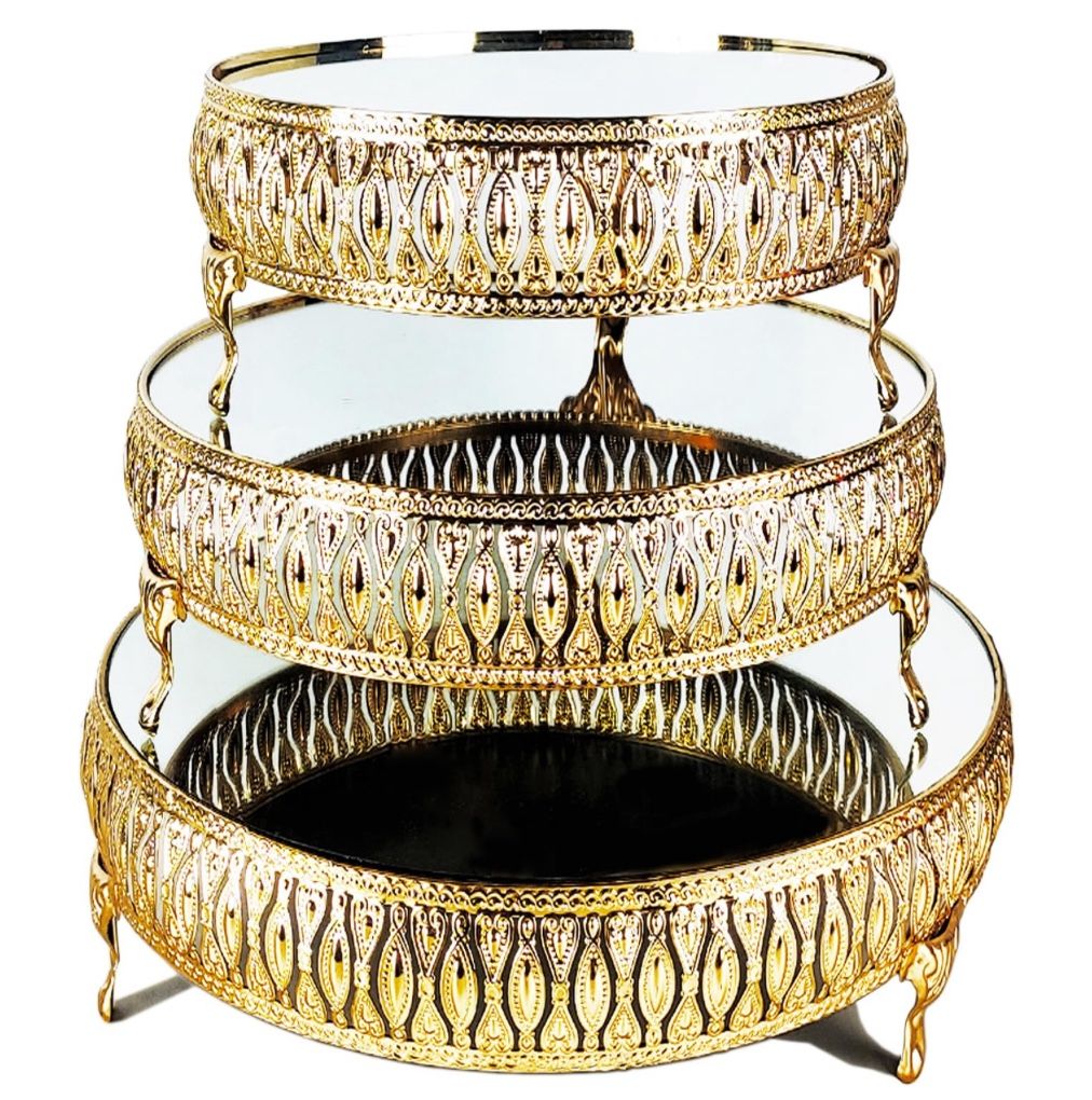 Loticy 3Pcs 13", 10.3" And 8.5" Gold Round Mirror Cake Stand Cupcake Stands Metal Pedestal Holder, Party Dessert Cheese Display Plate For Wedding Part
