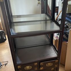 Asian Antique Cabinet With Decorative Metal Details And Mirror. 