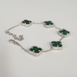 Fashion Silver Bracelet Malachite Floral Clover Links 8"