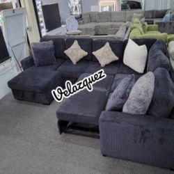 ✅️✅️4 pc Black corduroy fabric sectional sofa with storage chaise and love seat and pop up sleep area in center USB charging✅️✅️