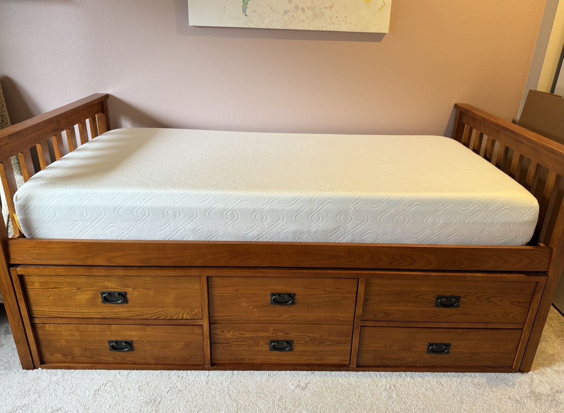 Twin Bed w/ Storage + Memory Foam Mattress – Solid Wood