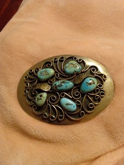 Vintage Turquoise Stone Silver Oval Belt Buckle