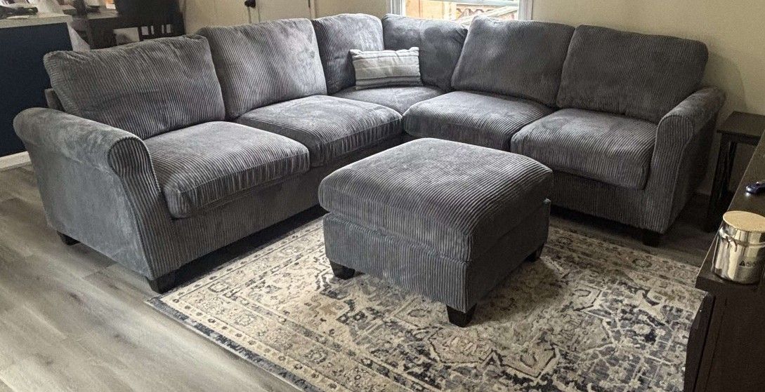 New! Dark Gray Corduroy Sectional and Ottoman
