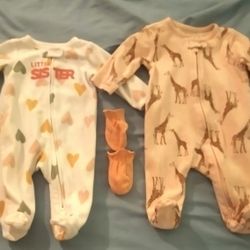 2 Newborn Sleepers With Pink Hand Mitts 