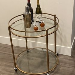 2 Tiers Gold Rolling Bar Cart With Glass Shelves 24” In Diameter H26”