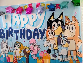 5' X 7' Bluey Birthday Banner & Balloons 